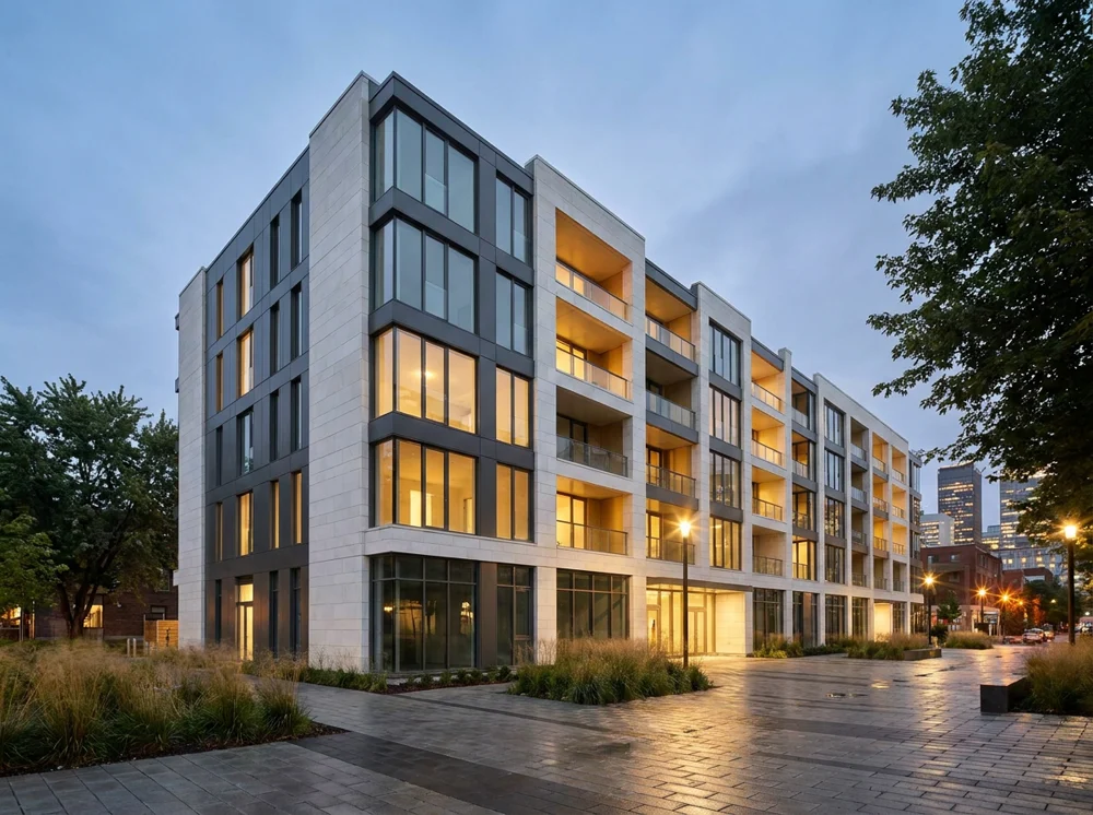 Contemporary condominium building at dusk